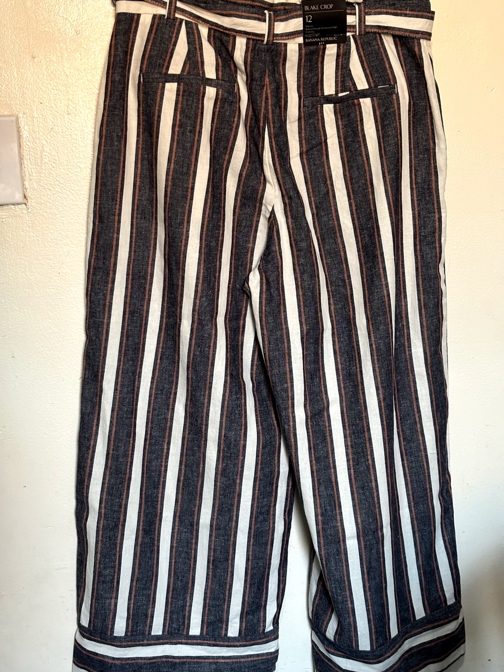 Banana Republic Navy, White & Brown Vertical Stripe Crop Pants
